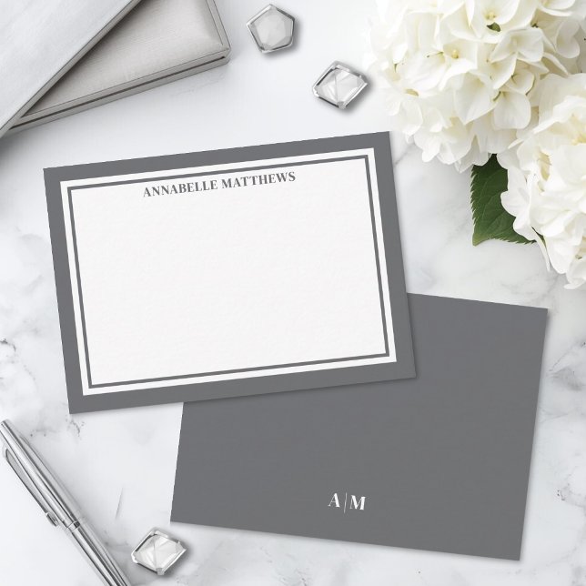 Charcoal Grey Border Minimalist Name Monogram Card (Charcoal Gray Border Minimalist Name Monogram Note Card)
