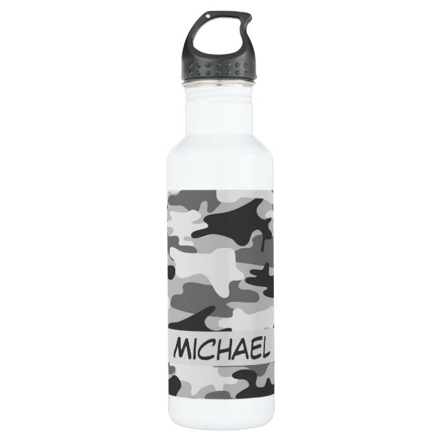 Charcoal Grey Camo Camouflage Name Personalized 710 Ml Water Bottle (Front)