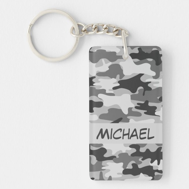Charcoal Grey Camo Camouflage Name Personalized Keychain (Front)