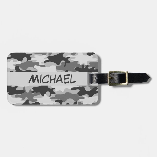 Charcoal Grey Camo Camouflage Name Personalized Luggage Tag (Front Horizontal)