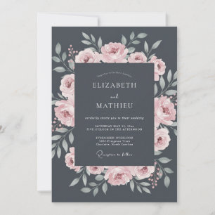 Charcoal Grey Charming Rose Wedding Invitation
