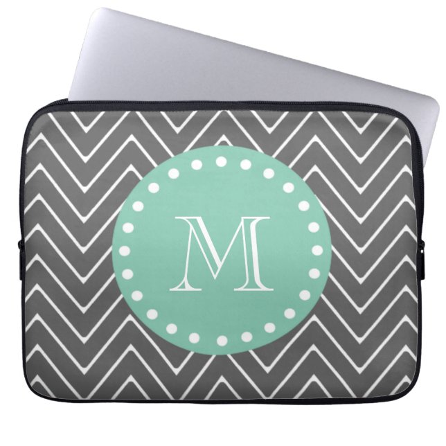 Charcoal Grey Chevron Pattern | Mint Green Monogra Laptop Sleeve (Front)
