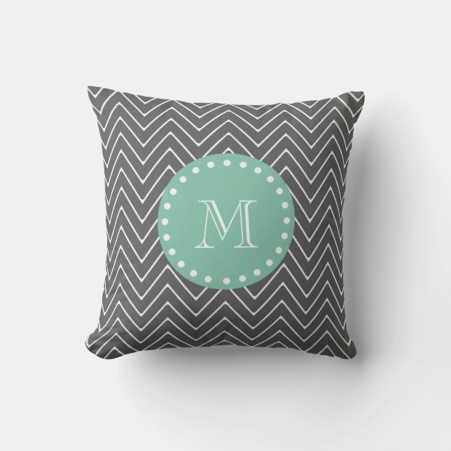 Charcoal Grey Chevron Pattern | Mint Green Monogra Throw Pillow (Front)