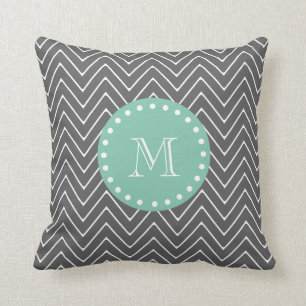 Charcoal Grey Chevron Pattern   Mint Green Monogra Throw Pillow