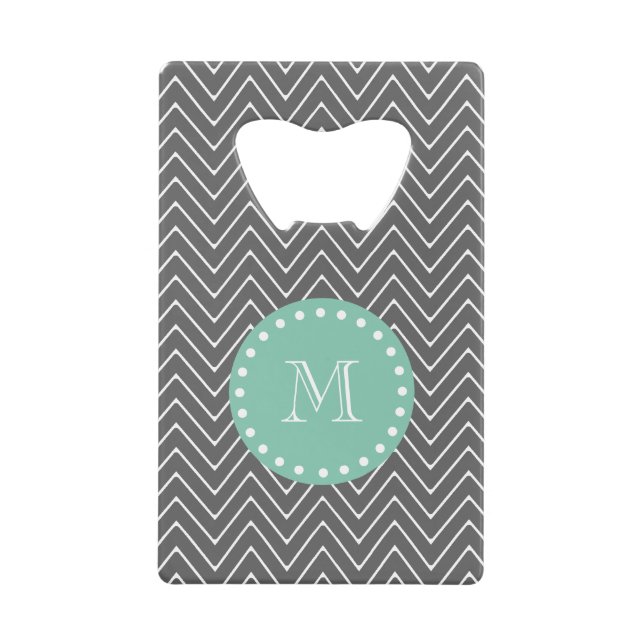 Charcoal Grey Chevron Pattern  Mint Green Monogram Wallet Bottle Opener (Front)