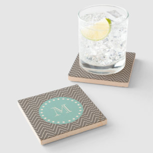 Charcoal Grey Chevron Pattern   Teal Monogram Stone Coaster