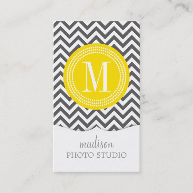 Charcoal Grey Chevron Zigzag Personalized Monogram Business Card (Front)