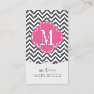 Charcoal Grey Chevron Zigzag Personalized Monogram Business Card