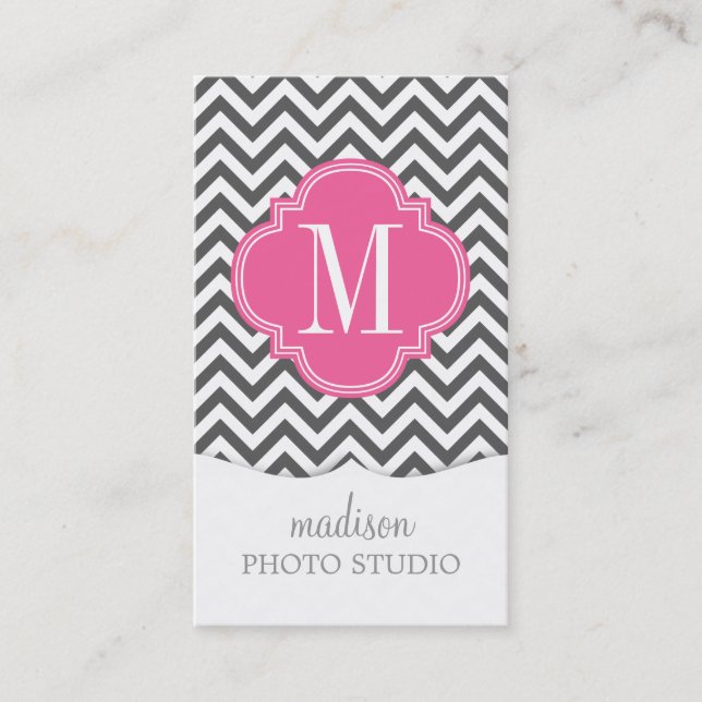 Charcoal Grey Chevron Zigzag Personalized Monogram Business Card (Front)