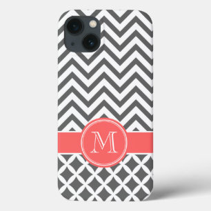 Charcoal Grey & Coral Chevron Custom Monogram iPhone 13 Case