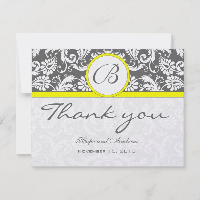 Charcoal Grey Damask Jaune Mariage Carte de remerc (Devant)