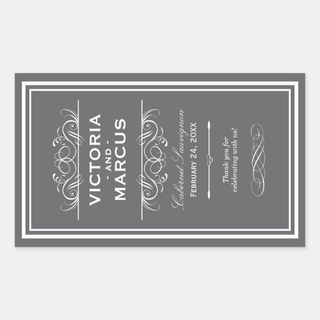 Charcoal Grey Elegant Wedding Monogram Wine Bottle Sticker (Front)