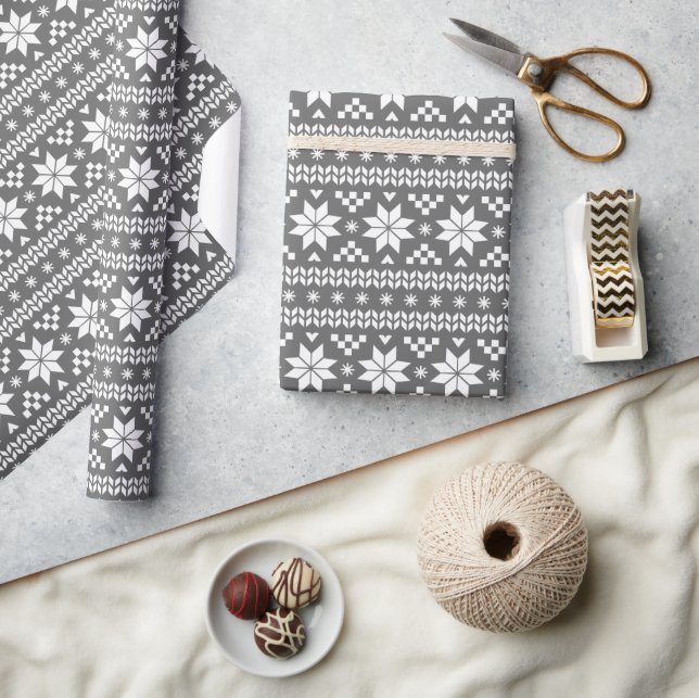 Charcoal Grey Fair Isle Christmas Sweater Pattern Wrapping Paper (Crafts)
