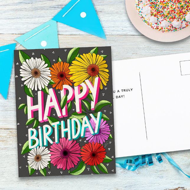 Charcoal Grey Floral Personalized Happy Birthday Postcard (Creator Uploaded)
