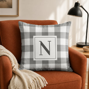 Charcoal Grey Gingham Check Monogram Initial Throw Pillow
