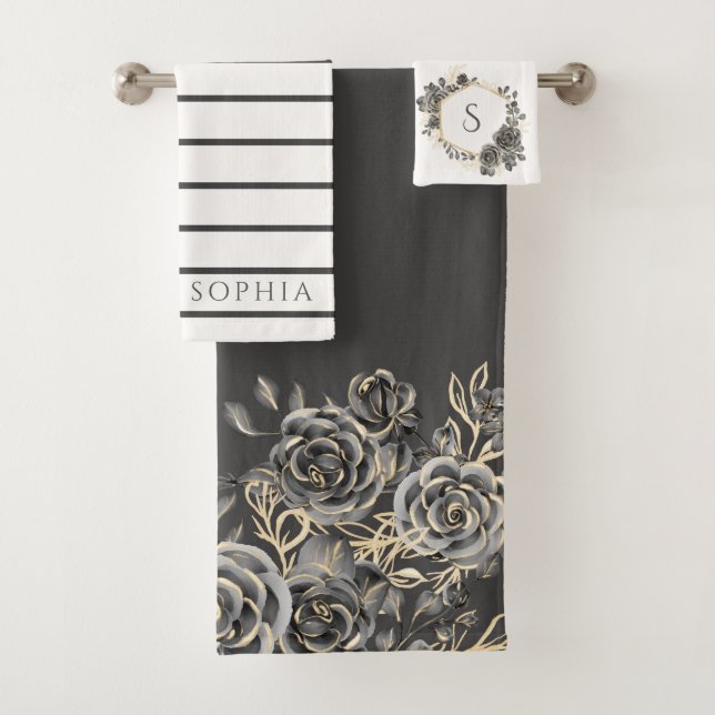 Charcoal Grey Gold Black Rose Floral Monogramme No (En situation)
