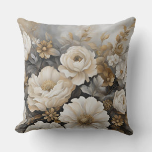 Charcoal Grey Gold Cream Floral Throw Pillow