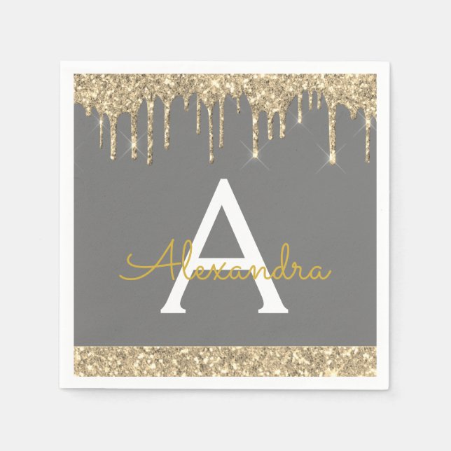 Charcoal Grey Gold Glitter Black Monogram Birthday Napkin (Front)