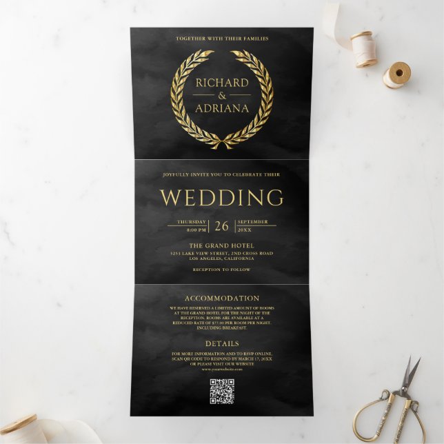 Charcoal Grey Gold Laurel Minimal QR Code Wedding Tri-Fold Invitation (Inside)