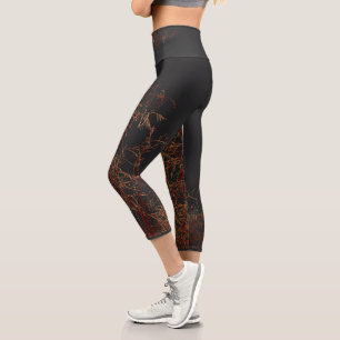 Charcoal Grey Golden Tree Brunches Sky Capri Leggings