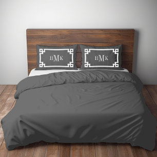 Charcoal Grey Greek Key Monogram Standard Pillowcase