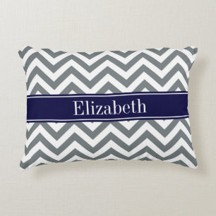 Charcoal Grey Lg Chevron Navy Blue Name Monogram Decorative Pillow