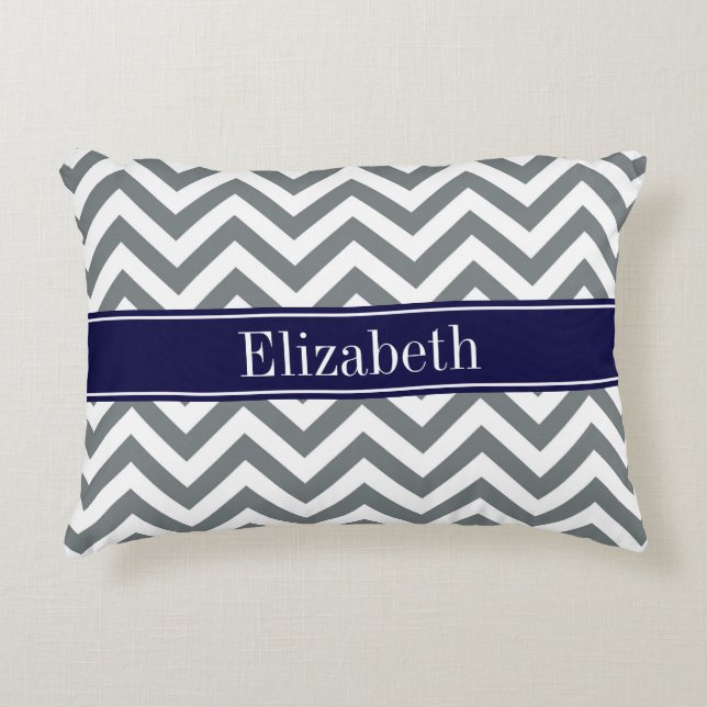 Charcoal Grey Lg Chevron Navy Blue Name Monogram Decorative Pillow (Front)