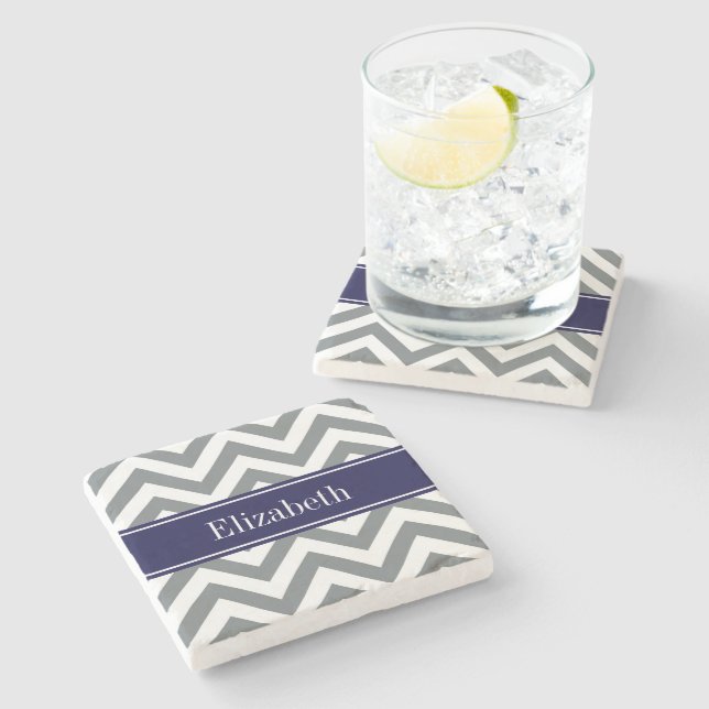 Charcoal Grey Lg Chevron Navy Blue Name Monogram Stone Coaster (Side)