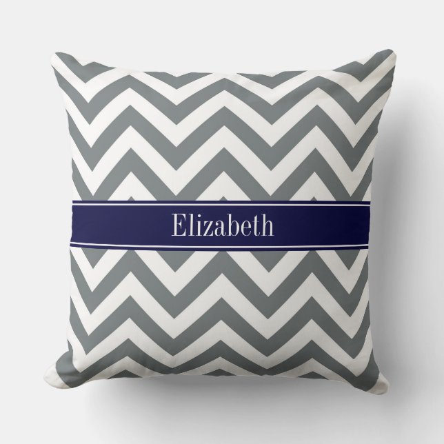 Charcoal Grey Lg Chevron Navy Blue Name Monogram Throw Pillow (Front)