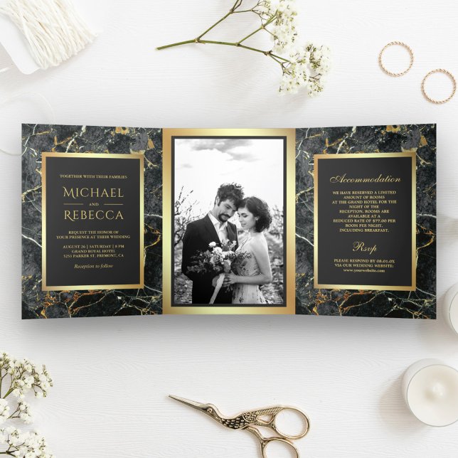 Charcoal Grey Marble Faux Gold Foil Photo Wedding Tri-Fold Invitation (Creator Uploaded)
