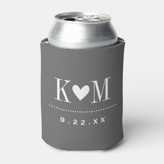 Charcoal Grey Modern Wedding Monogram Can Cooler (Can Front)