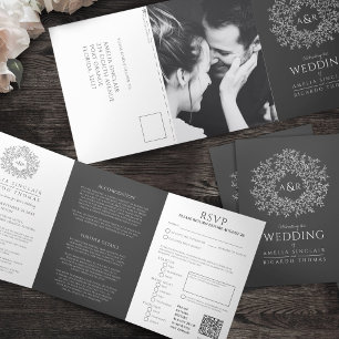 Charcoal grey monogram leaves wedding all-in-one Tri-Fold invitation