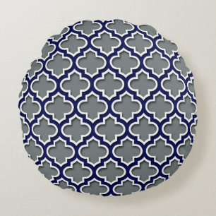 Charcoal Grey Navy White Moroccan Quatrefoil #5DS Round Pillow
