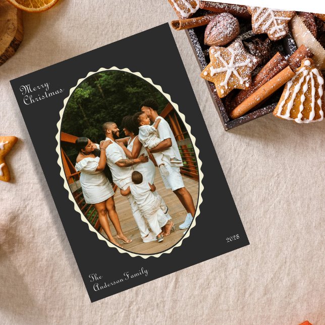 Charcoal Grey Photo Scalloped Christmas Photo Holiday Card (Creator Uploaded)