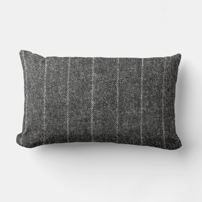 Charcoal Grey Pinstripe Tweed Slate Black Fabric Lumbar Pillow (Front)