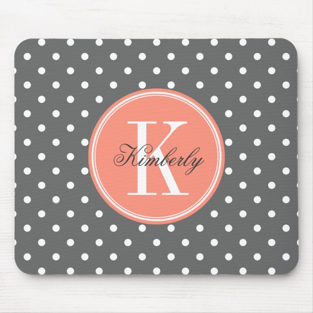 Charcoal Grey Polka Dot with Coral Monogram Mouse Pad (Front)