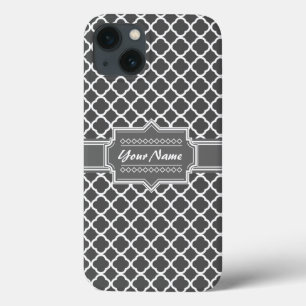 Charcoal Grey Quatrefoil Custom Personalized Name iPhone 13 Case