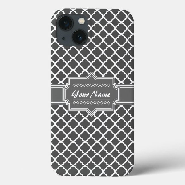Charcoal Grey Quatrefoil Custom Personalized Name Case-Mate iPhone Case (Back)