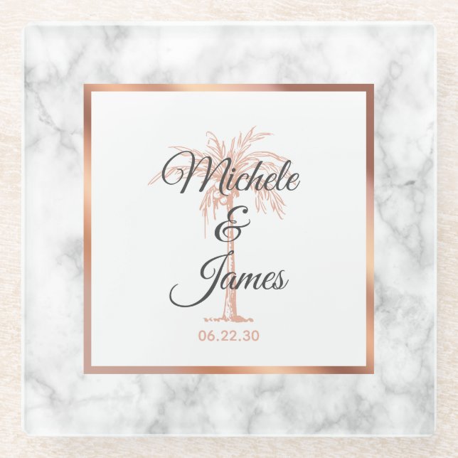 Charcoal Grey Rose Gold Palm Tree Marble Wedding Glass Coaster (Front)