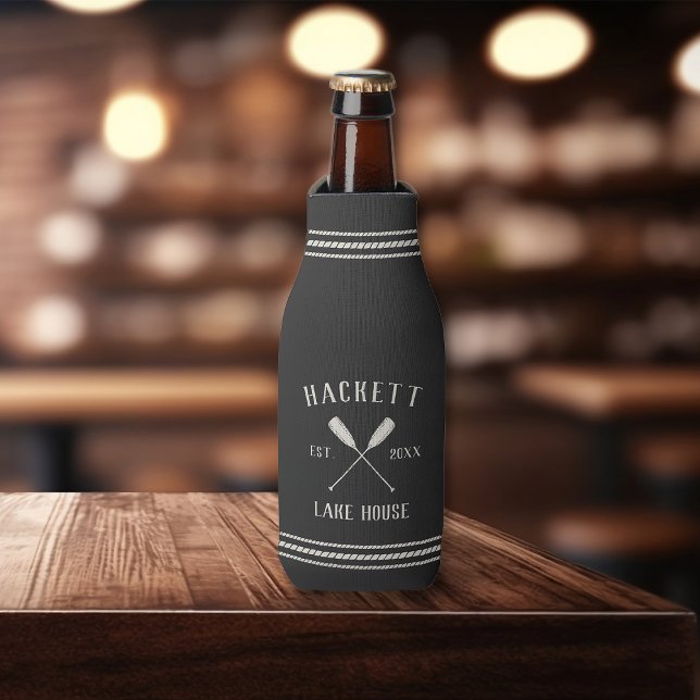 Charcoal Grey Rustic Oars Personalized Lake House Bottle Cooler (Creator Uploaded)