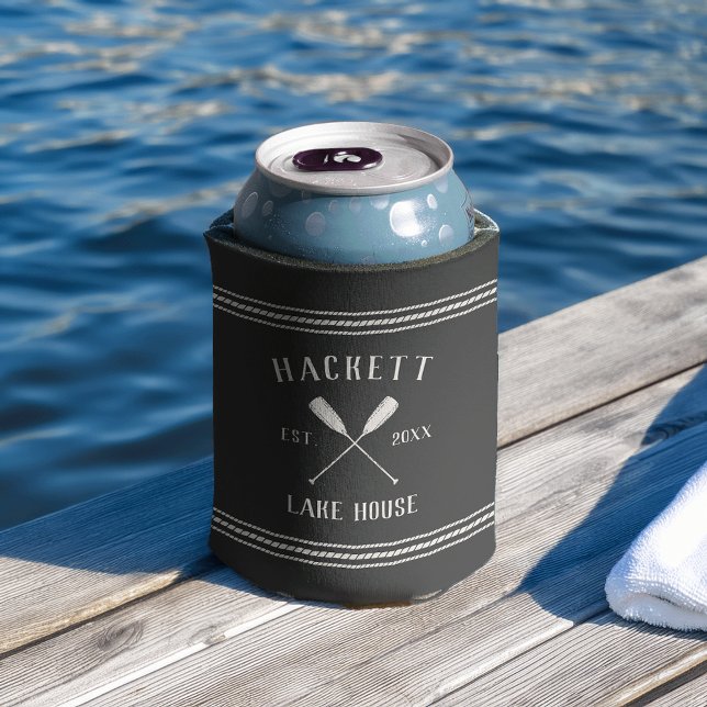 Charcoal Grey Rustic Oars Personalized Lake House Can Cooler (Creator Uploaded)
