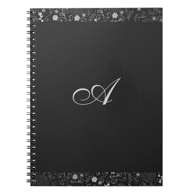 Charcoal Grey & Silver Elegant Rustic Floral Foil Notebook (Front)