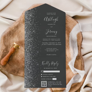 Charcoal Grey Silver Glitter QR Code Wedding All In One Invitation