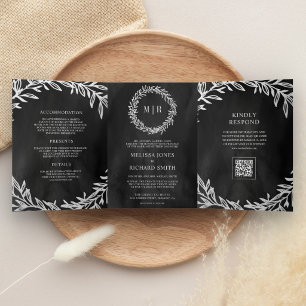 Charcoal Grey Silver Leaf Branch QR Code Wedding Tri-Fold Invitation
