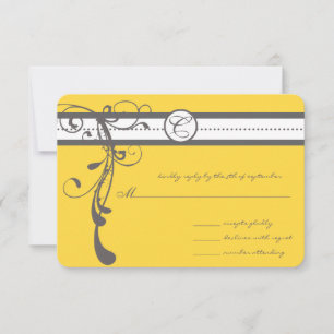 Charcoal Grey Swirls Bight Yellow Wedding RSVP