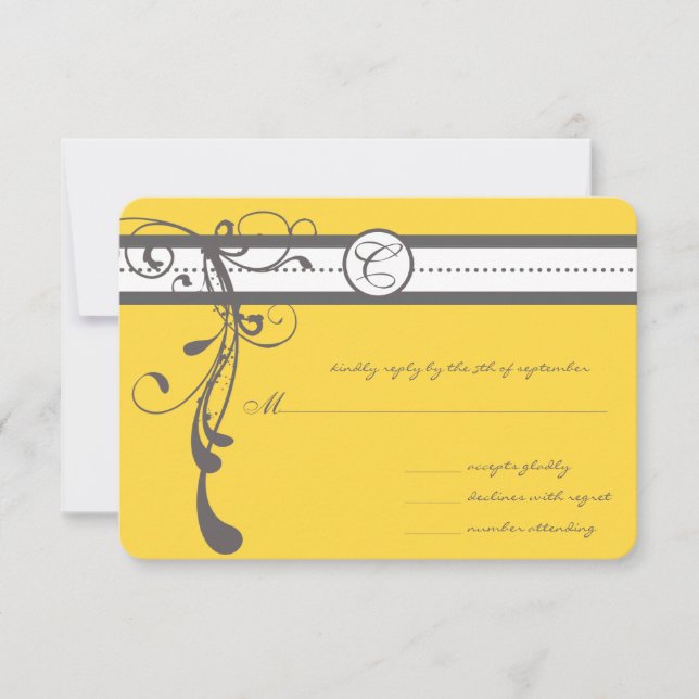 Charcoal Grey Swirls Bight Yellow Wedding RSVP Card (Front)