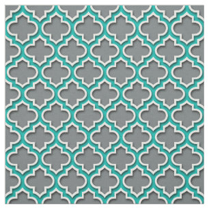 Charcoal Grey Teal White Moroccan Quatrefoil #5DS Fabric