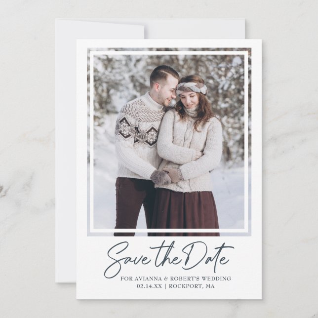 Charcoal Grey Text Photo Wedding Save The Date (Front)