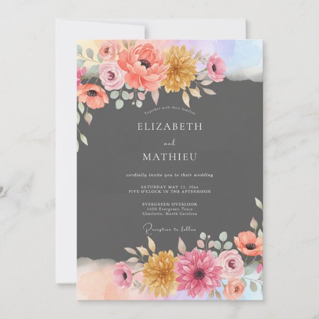 Charcoal Grey Vibrant Botanical Wedding Invitation (Front)