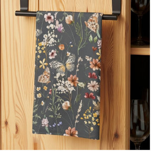 Charcoal Grey Watercolor Wildflowers Kitchen Towel